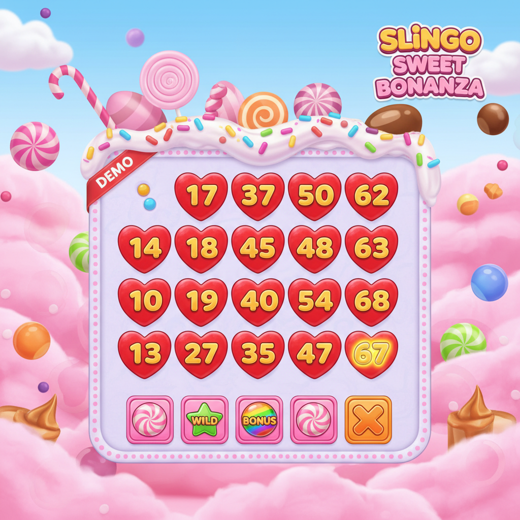 Slingo Sweet Bonanza grade 5x5 com números em doces vermelhos em formato de coração, símbolos wild e bonus, fundo rosa algodão doce com pirulitos e confeitos coloridos