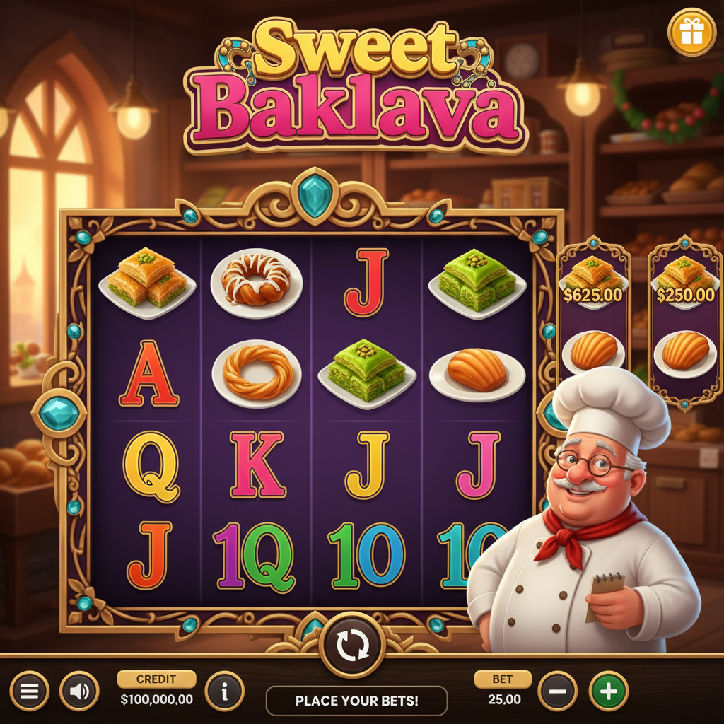 Sweet Baklava slot da Pragmatic Play mostrando padaria turca com chef simpático, bandejas de baklava dourada, tulumba e doces do Oriente Médio em moldura ornamentada dourada