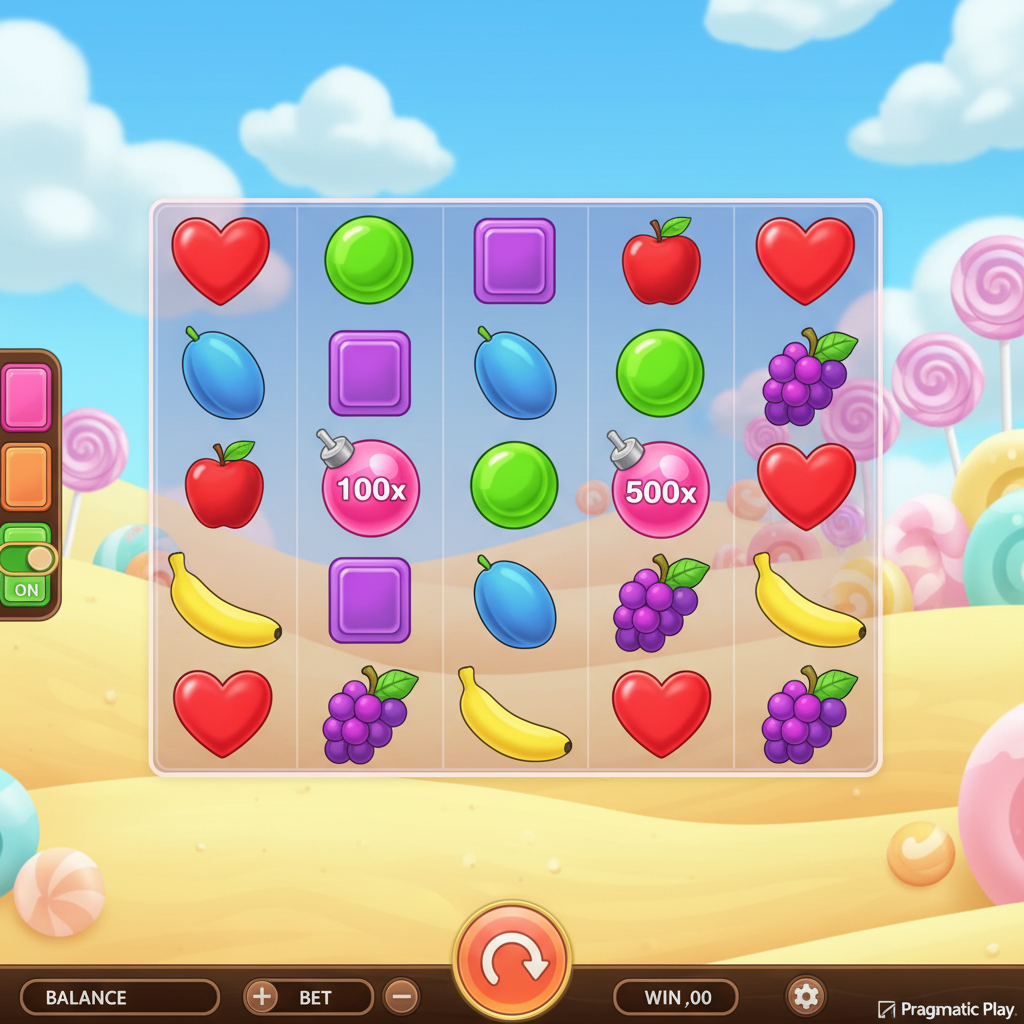 Sweet Bonanza 1000 slot com doces coloridos, pirulitos em espiral, bombas multiplicadoras e frutas em um grid 6x5 com fundo de céu azul e dunas de areia