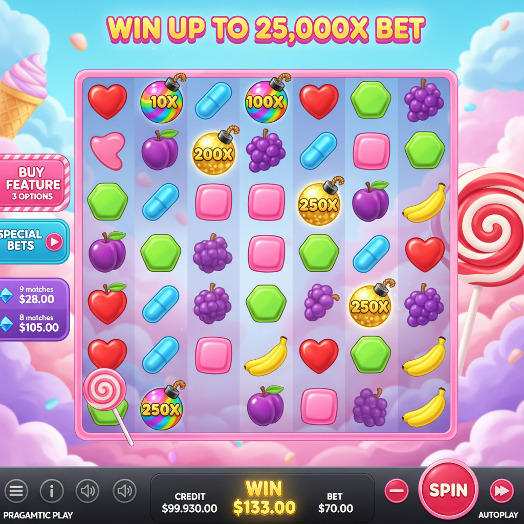 Sweet Bonanza 2500 slot game showing 6x5 candy grid with colorful multiplier bombs, heart candies, fruits, and lollipop scatter symbols on pastel background