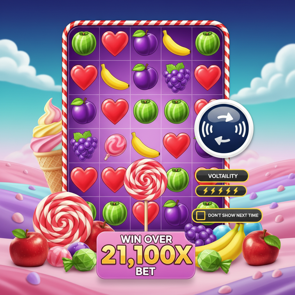 Sweet Bonanza slot com mundo de doces coloridos, pirulitos espirais gigantes, frutas brilhantes, balas de coração e símbolo scatter de pirulito rosa sobre fundo roxo gradiente