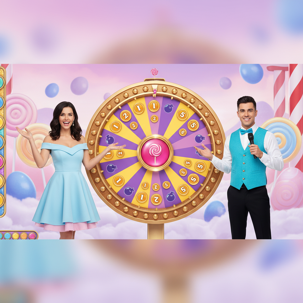 Sweet Bonanza CandyLand roda gigante com segmentos coloridos, apresentadores ao vivo, cenário de doces com pirulitos e nuvens de algodão doce em tons pastel rosa e roxo