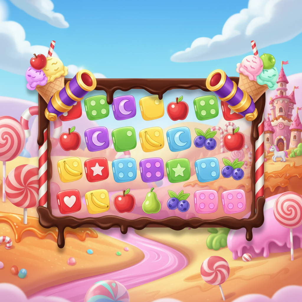 Sweet Bonanza Dice slot da Pragmatic Play com dados coloridos, tema de doces, símbolos de frutas, coração, lua e estrelas em grade 6x5