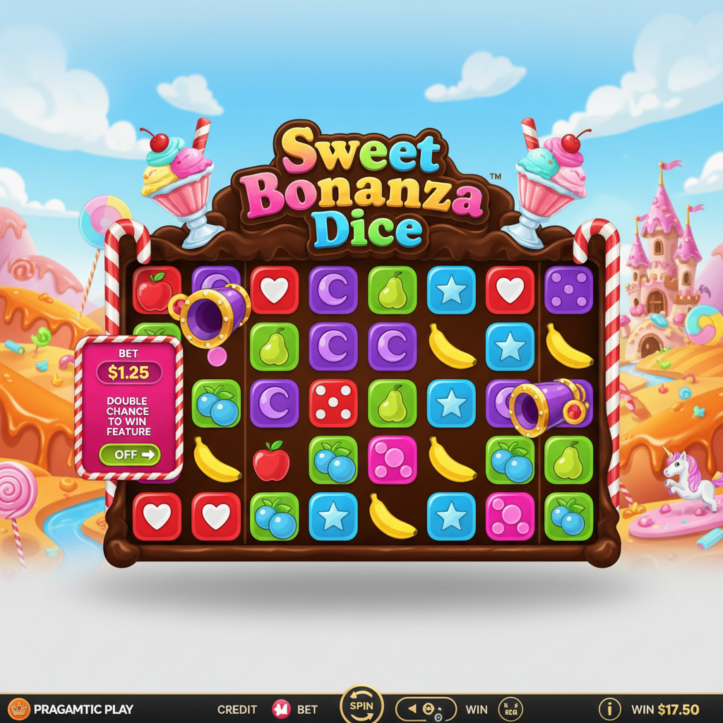 Sweet Bonanza Dice slot com grade 6x5 de dados coloridos em tema de doces, com símbolos de coração vermelho, lua roxa, estrelas verdes e frutas sobre fundo de mundo de balas e pirulitos