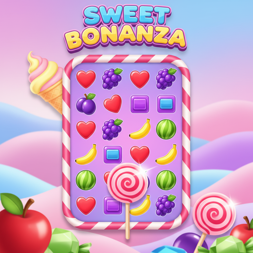 Sweet Bonanza slot com símbolos de doces coloridos, pirulitos em espiral rosa e branco, frutas incluindo bananas, uvas roxas, maçãs vermelhas e doces de coração em fundo de paisagem de doces