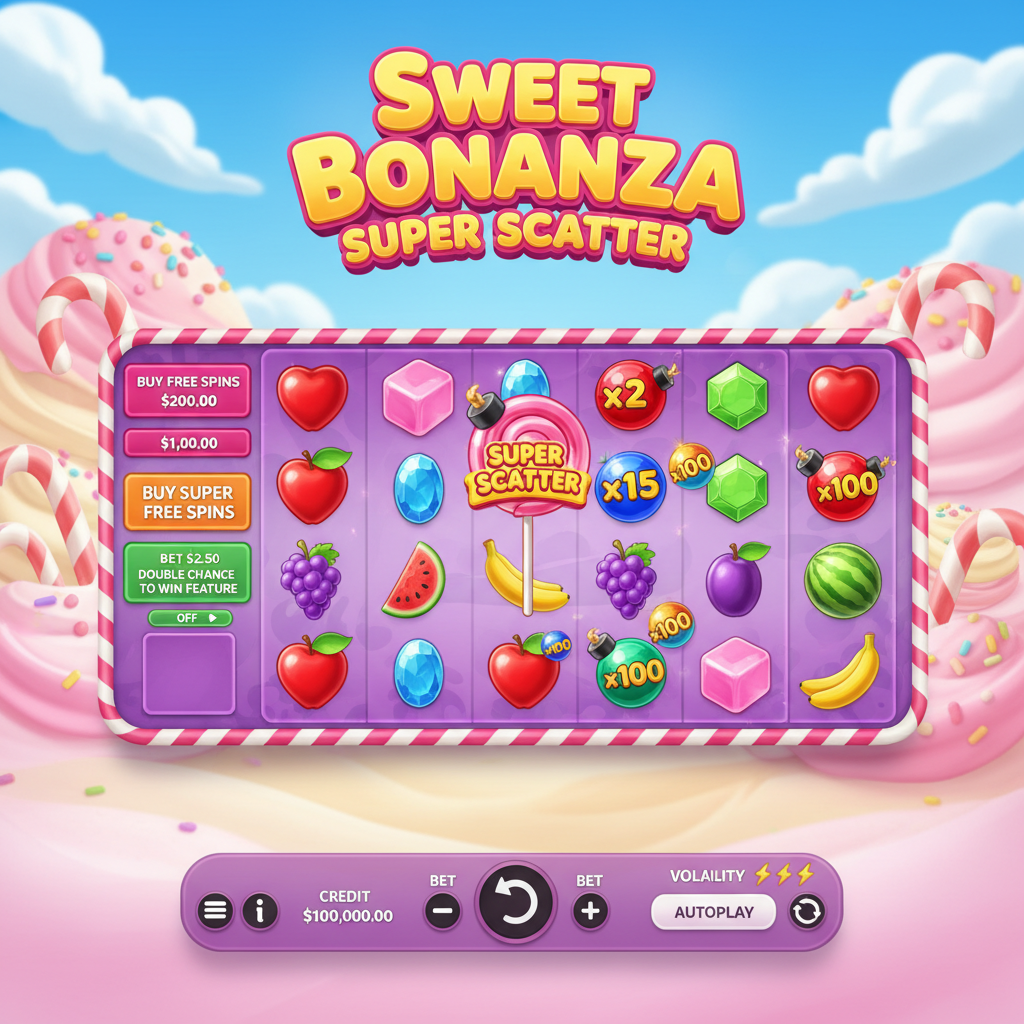 Sweet Bonanza Super Scatter slot com tema de doces e frutas, grade 6x5, pirulito scatter rosa, corações vermelhos, bombas multiplicadoras e paisagem de algodão doce