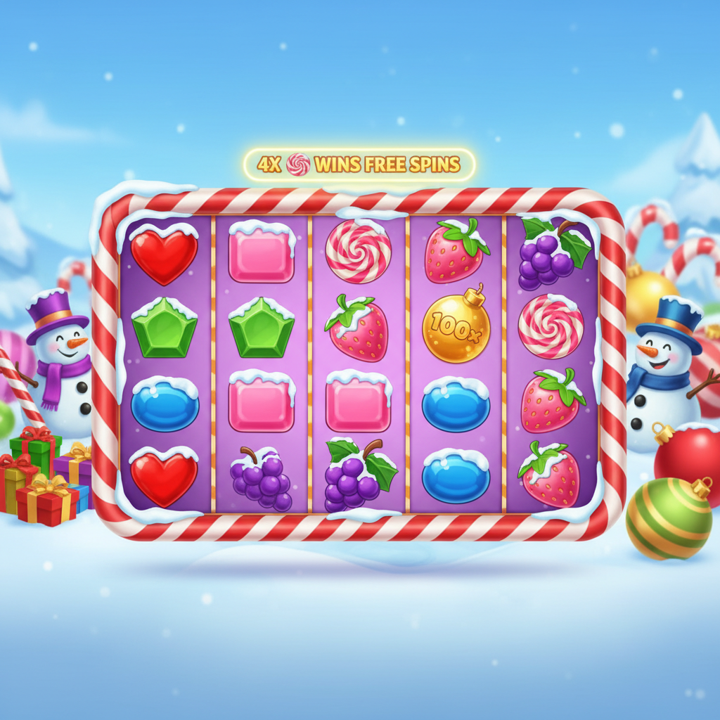 Sweet Bonanza Xmas slot com temática natalina, doces cobertos de neve, pirulitos coloridos e símbolos de frutas em cenário de inverno com bonecos de neve