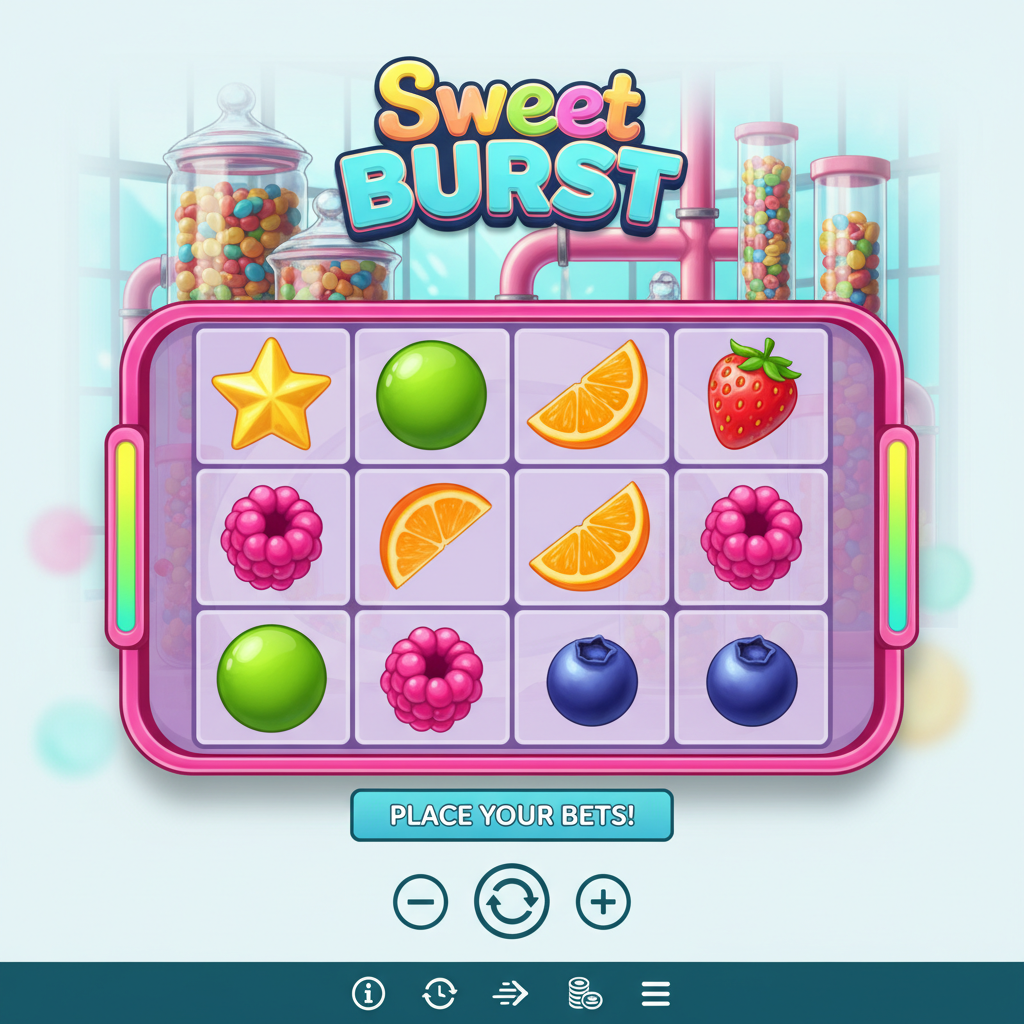 Sweet Burst slot com laboratório de doces, símbolos de frutas coloridas incluindo estrela amarela, morango vermelho, laranja, framboesa rosa, mirtilo e limão verde em grade 4x5