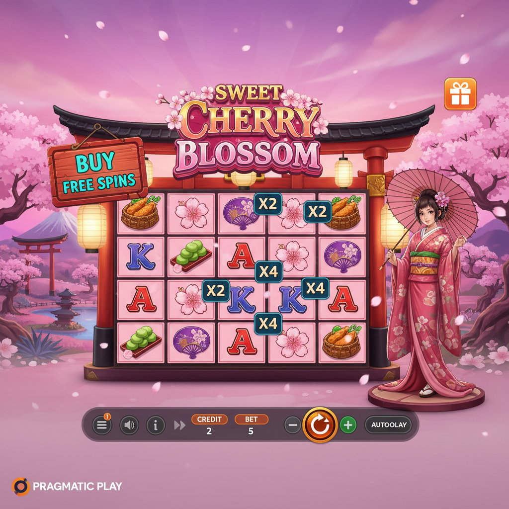 Sweet Cherry Blossom slot machine mostrando jardim japonês com flores de cerejeira, personagem anime em kimono rosa, grade 7x7 com símbolos de sakura, mochi, leque e guarda-chuva decorativo