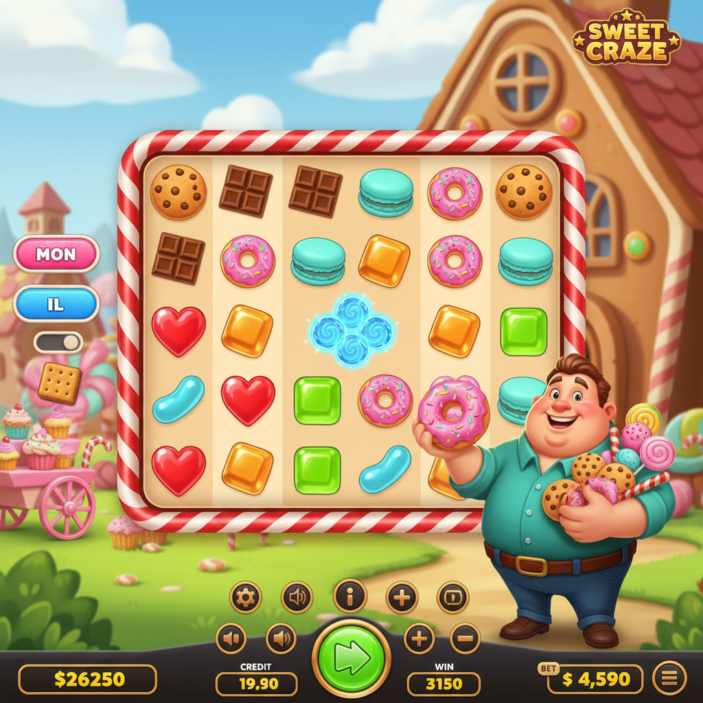 Sweet Craze slot com grade 7x7 de doces coloridos, biscoitos, donuts, chocolate e personagem mascote segurando donut rosa
