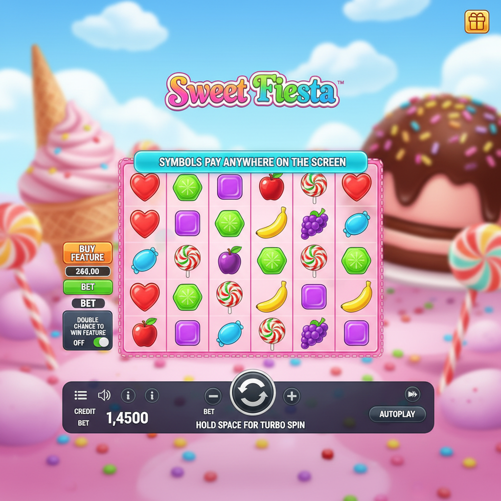 Sweet Fiesta slot com símbolos de doces coloridos, corações vermelhos, bananas, uvas e pirulitos em paisagem de doces com sorvete gigante e montanhas de chocolate