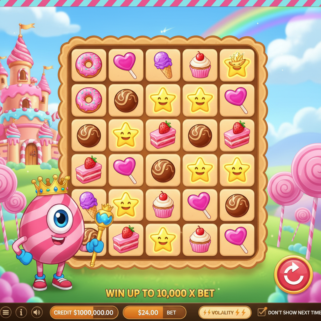 Sweet Kingdom slot da Pragmatic Play mostrando grade 7x7 com símbolos de doces, cupcakes, sorvetes e pirulitos em reino de fantasia açucarado