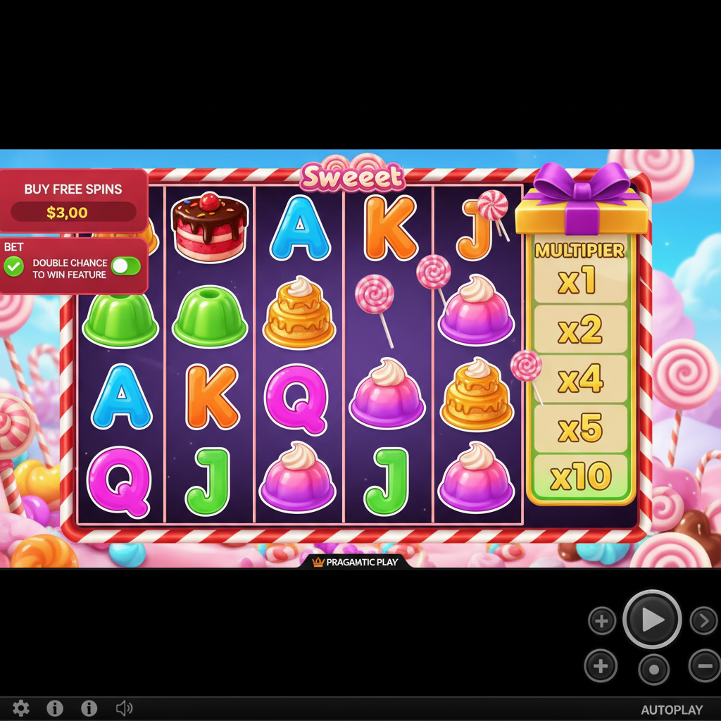 Sweet PowerNudge slot 6x5 com símbolos de doces coloridos, bolos em camadas vermelhos e verdes, pirulitos scatter e carretel multiplicador dourado lateral